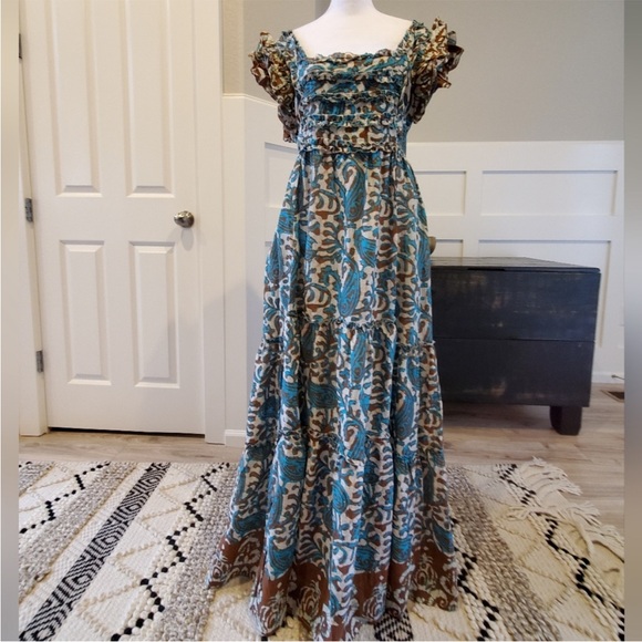 House of Harlow NWT Open Back Turquoise & Brown Batik Maxi Dress size Large - Picture 7 of 10